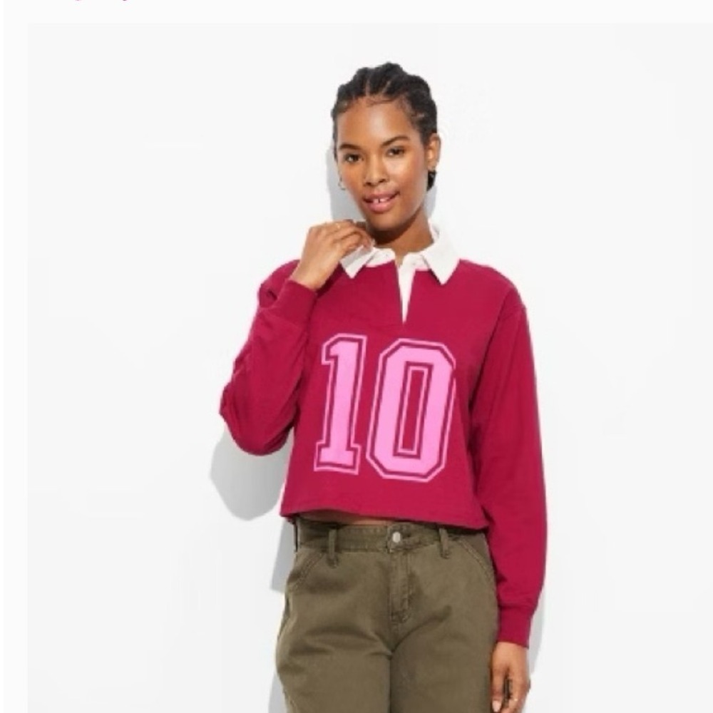 Mighty Fine Burgundy Cropped Long Sleeve‎ Rugby Shirt Top Size L